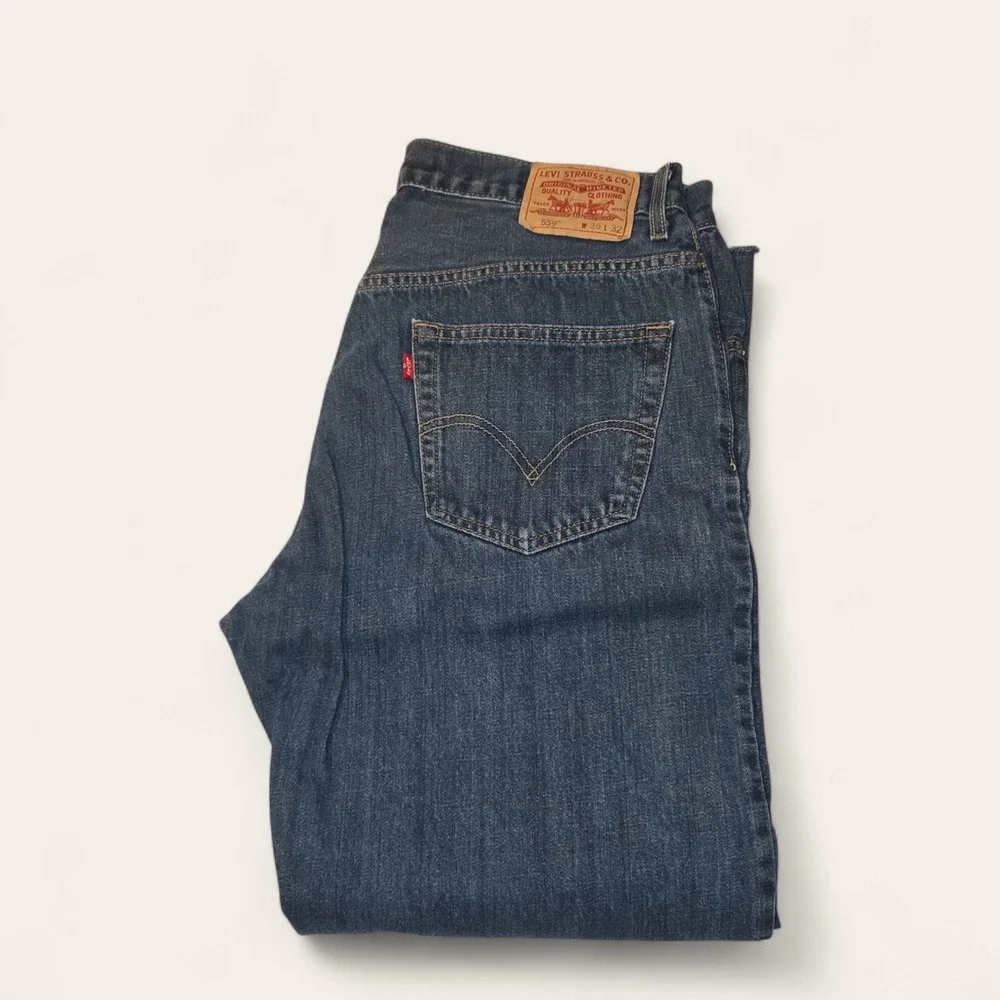 Levis 559 Relaxed‎ Straight Jeans Mens 36x29 Dark Wash Denim Raw Hem Cutoff